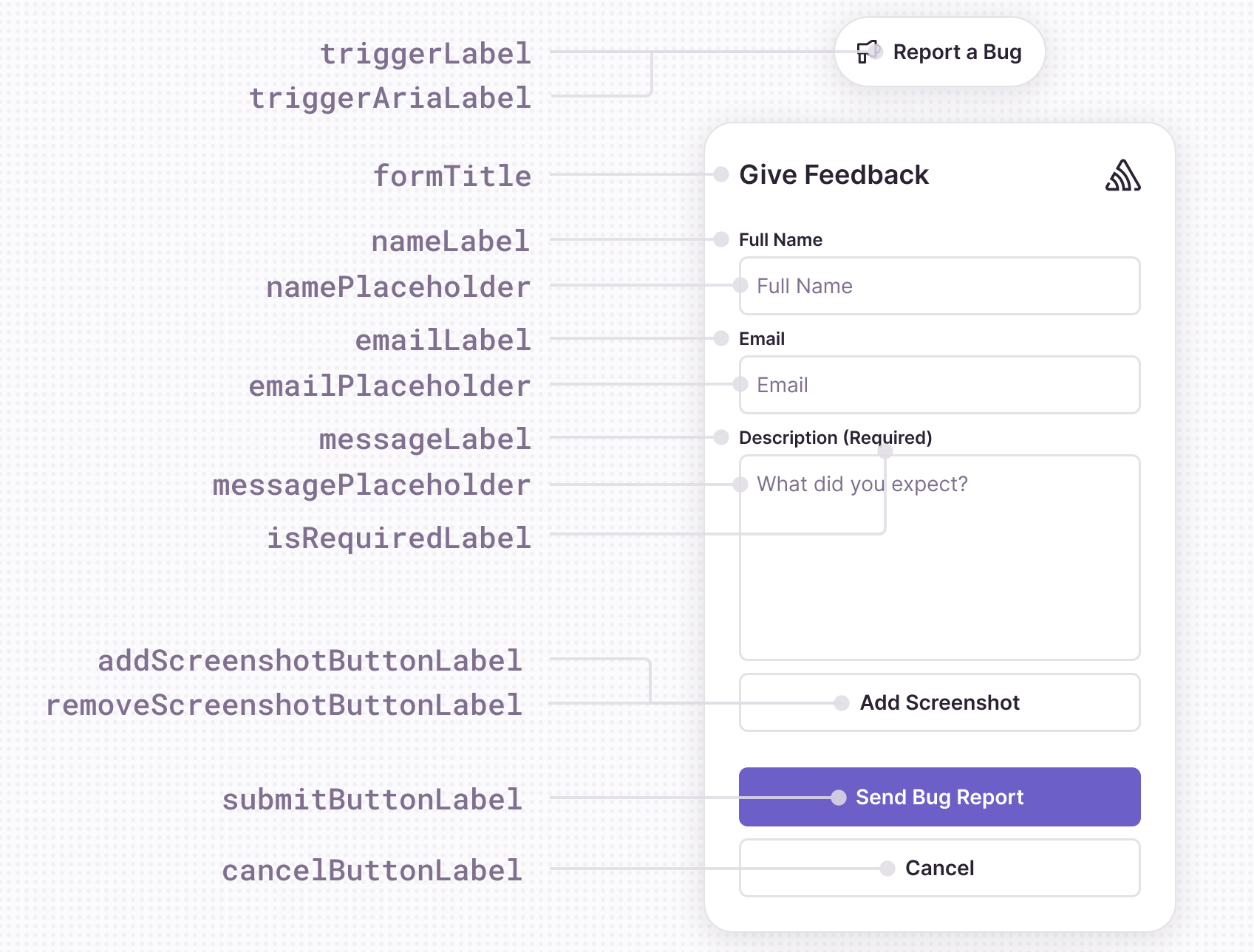 An image showing the main customization options for the User Feedback Widget