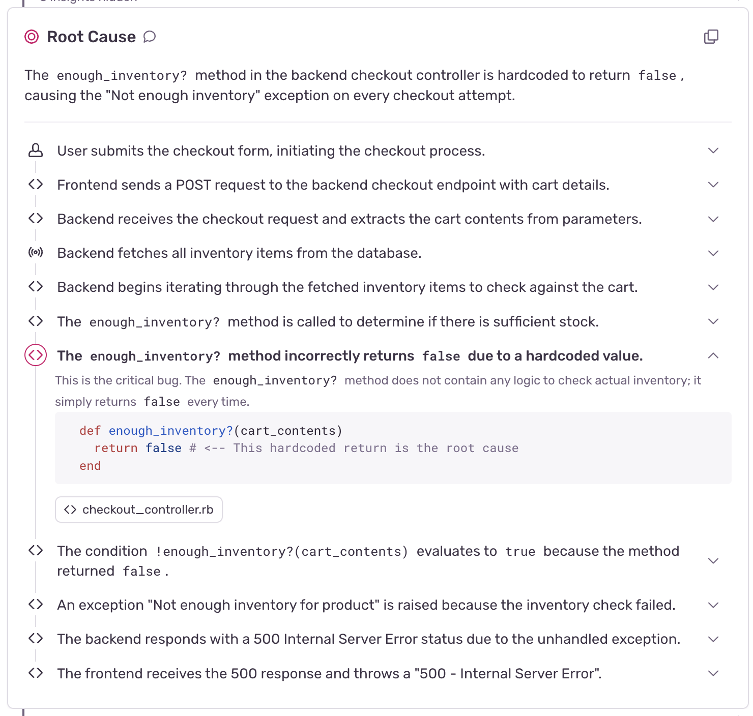Screenshot of the root cause analysis completed by Seer