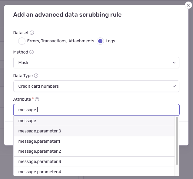 Attribute field with auto-completion dropdown showing available log attributes