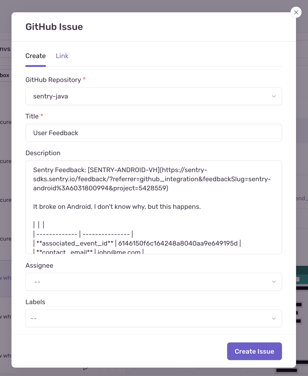 User Feedback Linked Issue Modal.